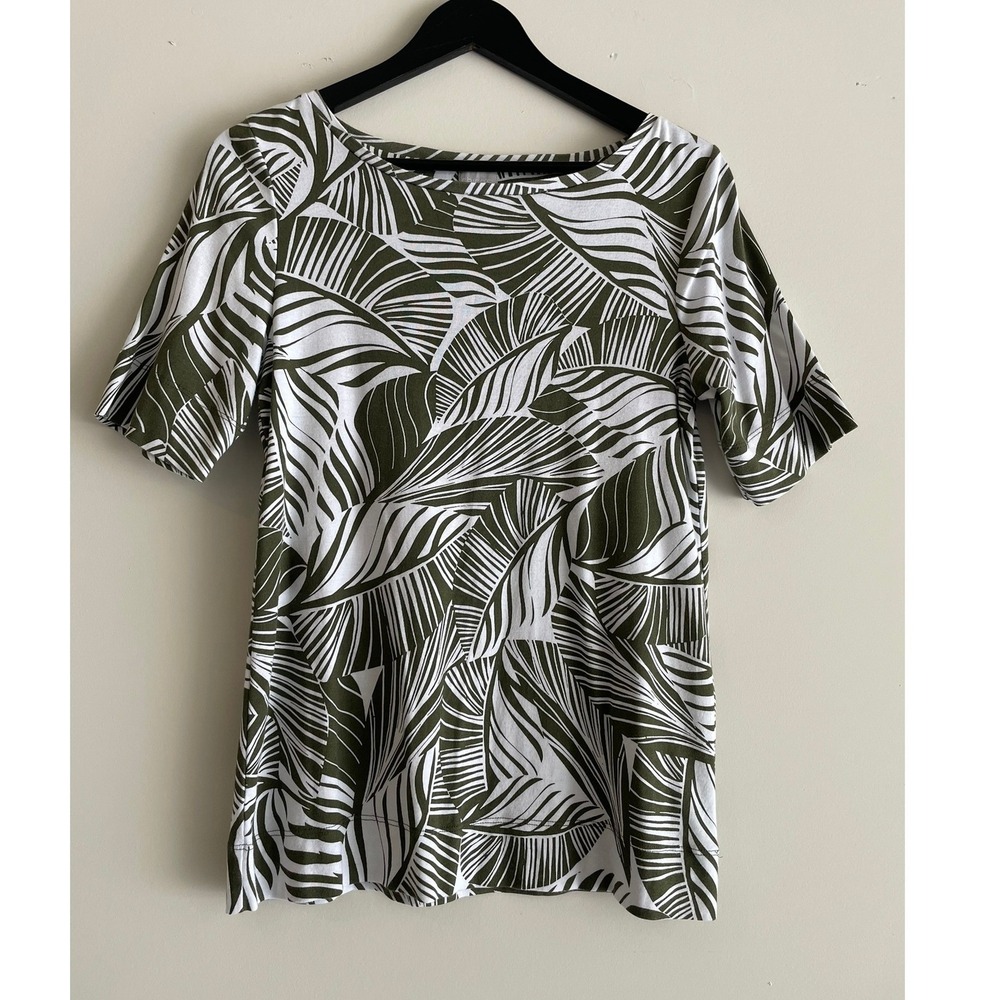 Chicos‎ Women 100% Cotton Green White Tropical Palm Leaf Short Sleeve Top M